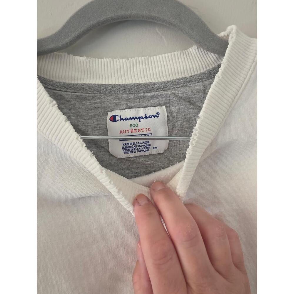Champion Eco Authentic White Crewneck Sweatshirt XL Distressed Minimal - Picture 4 of 5